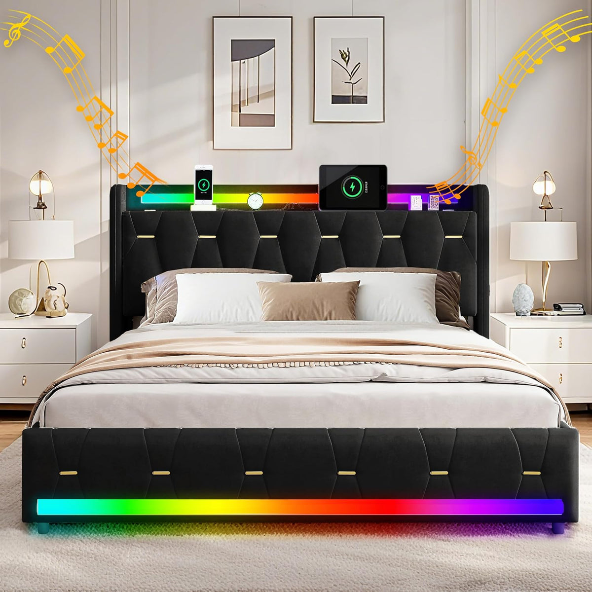 Łóżko tapicerowane, XMFFPM, 140 x 200 cm, Czarny, miejsce do przechowywania, 4 szuflad, oświetlenie LED, USB/Type-C, Bluetooth