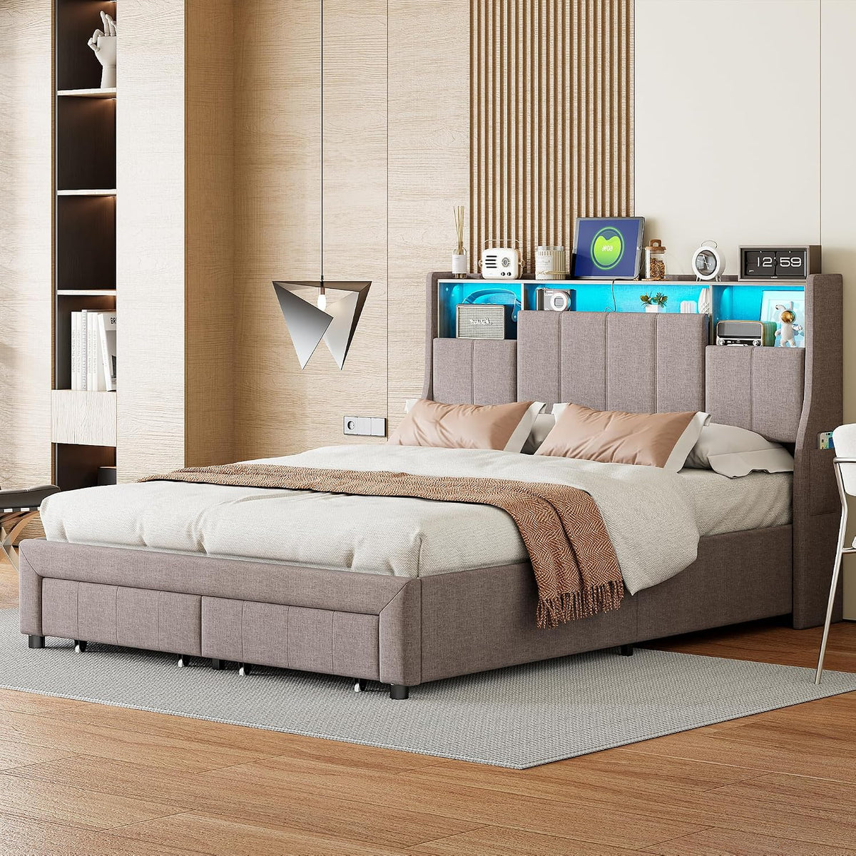 LSFYYDS, Łóżko tapicerowane, 160 x 200 cm, Beżowy/Brązowy, MDF, 4 szuflad, oświetlenie LED, USB, pilot zdalnego sterowania
