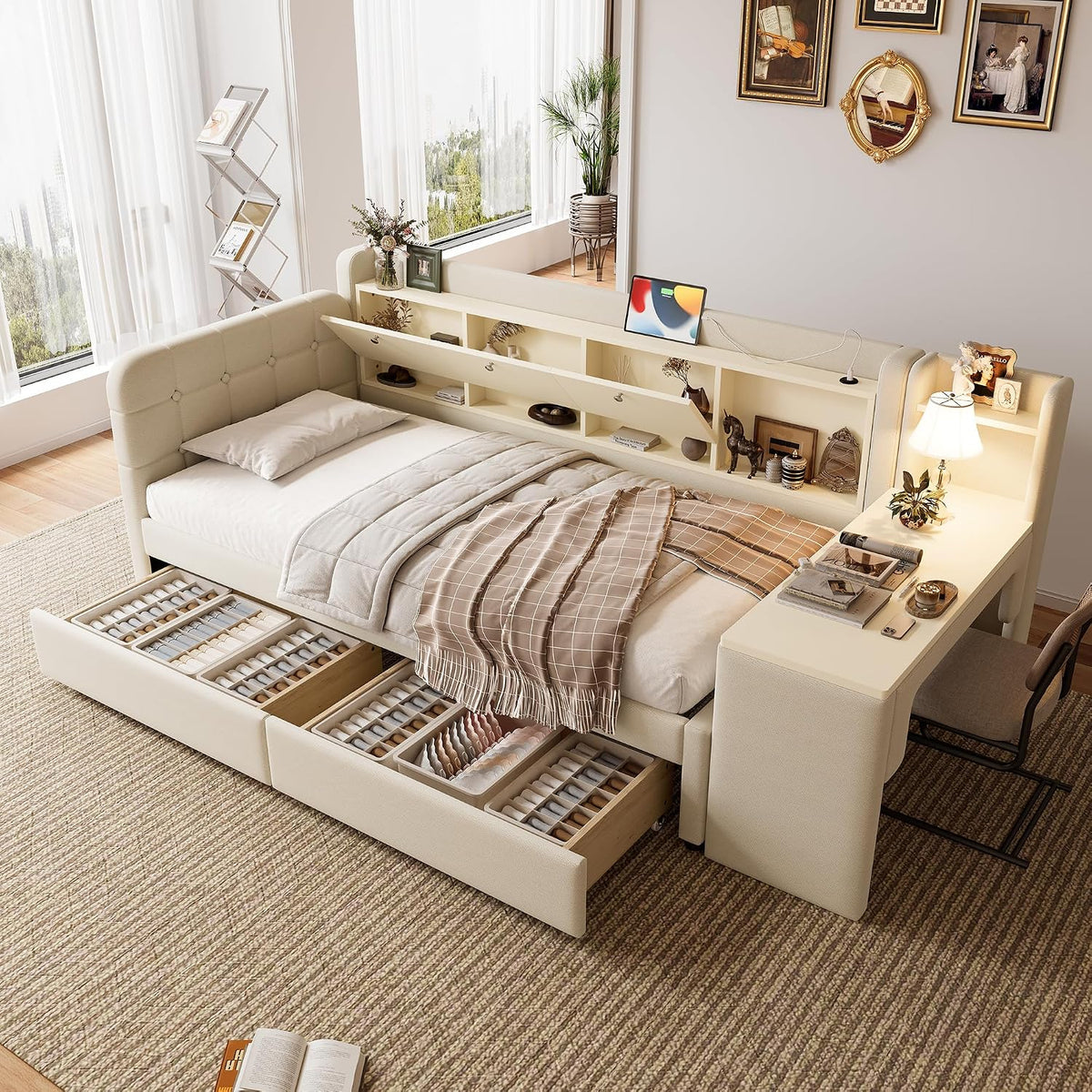 Sofa, DUlVBPE, 90 x 200 cm, Beżowy/Brązowy, MDF, 2 szuflad, składana konstrukcja, USB
